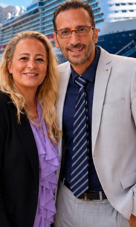 Luca e Selvaggia di Toda Canarias davanti a una nave da crociera