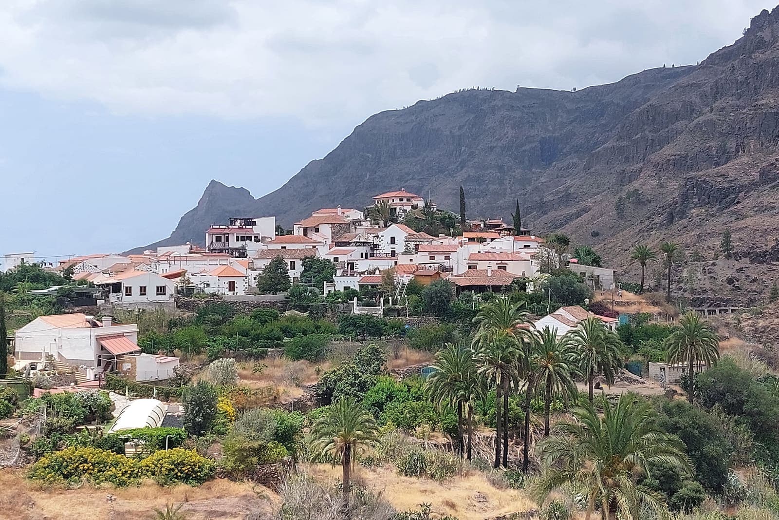 Il borgo bianco di Fataga fra le palme, ai piedi delle pareti della valle