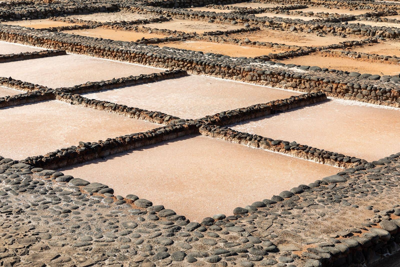 Le vasche delle Salinas del Carmen, divise da muretti di pietra, sulla costa est di Fuerteventura