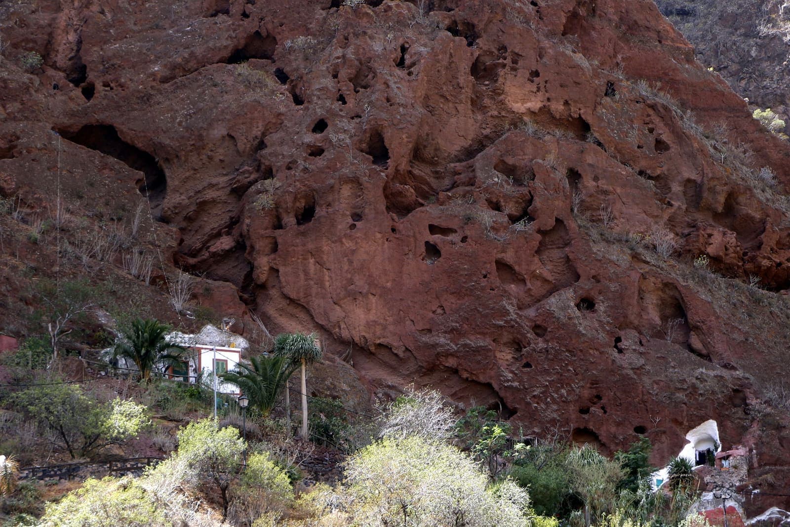 La parete rossa del barranco di Guayadeque con le grotte scavate nella roccia