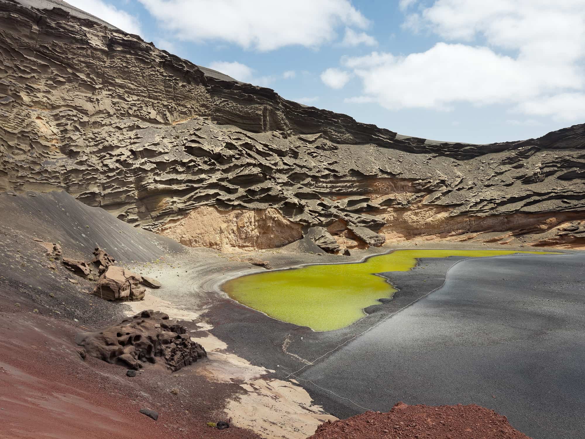 La laguna verde del Charco de los Clicos a El Golfo, fra la sabbia nera e la parete del vulcano