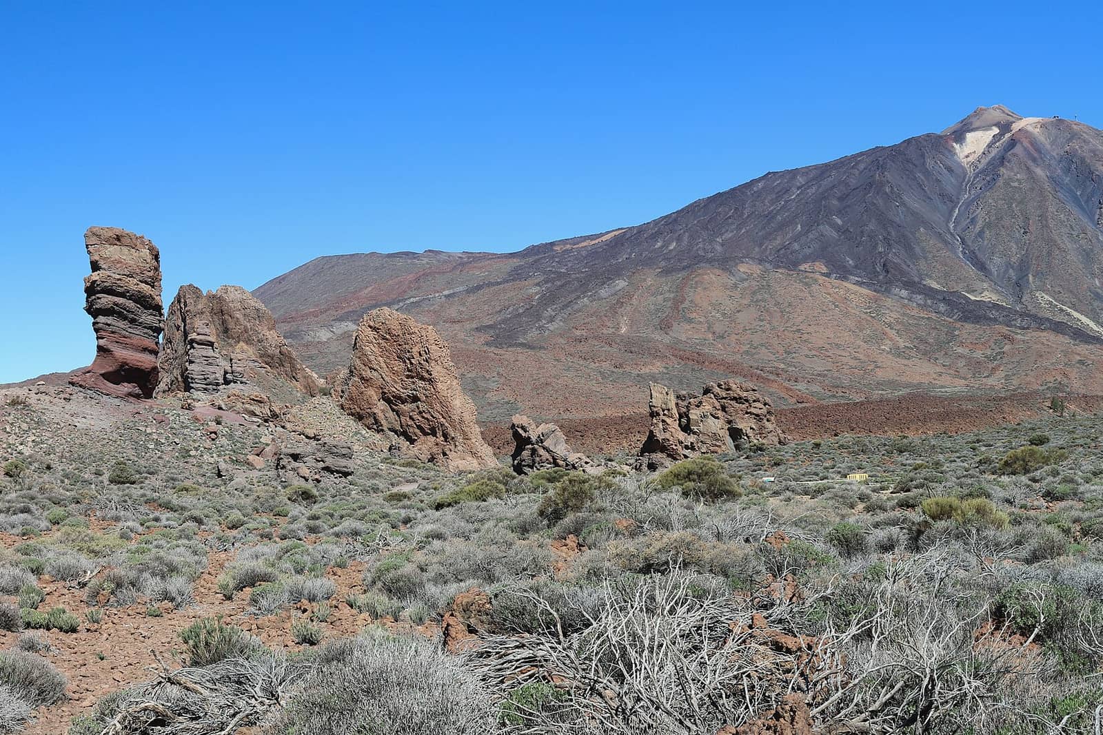 I Roques de García e il Teide nel Parco Nazionale, fra i cespugli di retama sotto il cielo limpido